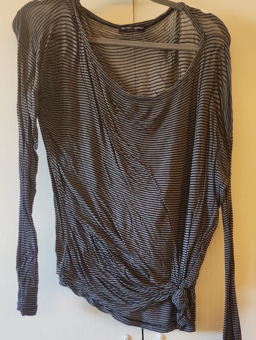 Brandy Melville Black and Gray Striped Long Sleeve Side Knot Top